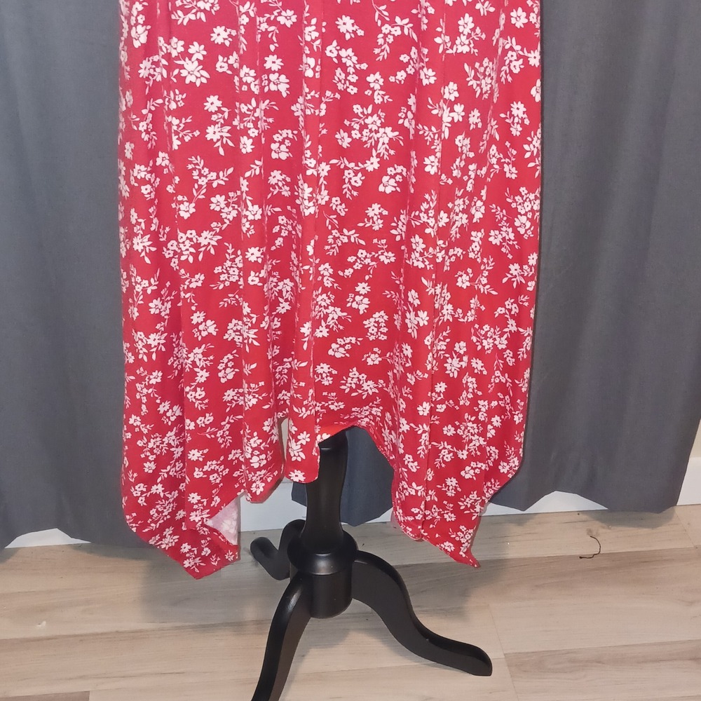 Red Floral Print Smocked Bodice Midi Tank Dress Asymmetrical Hankercheif Hem L - Picture 9 of 9
